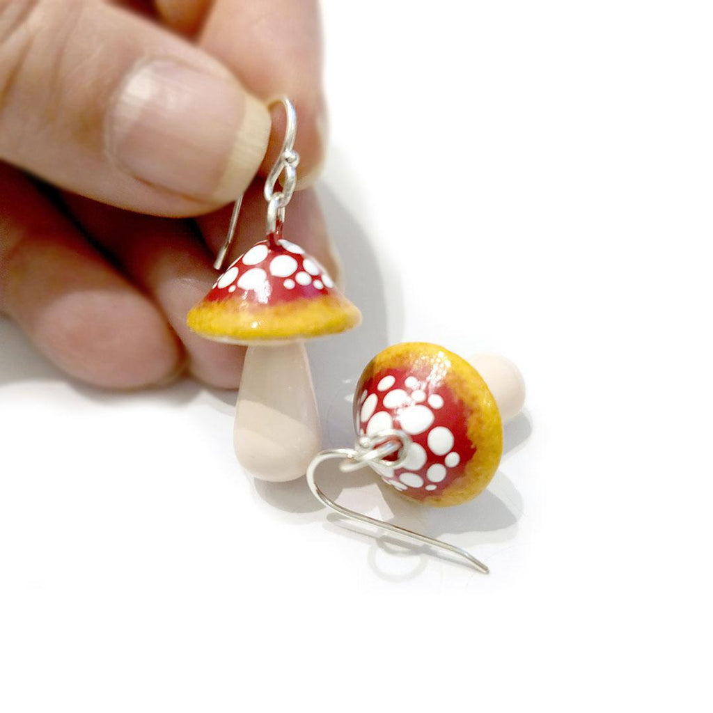 Earrings - Large Red Mushroom Drops by Mariposa Miniatures