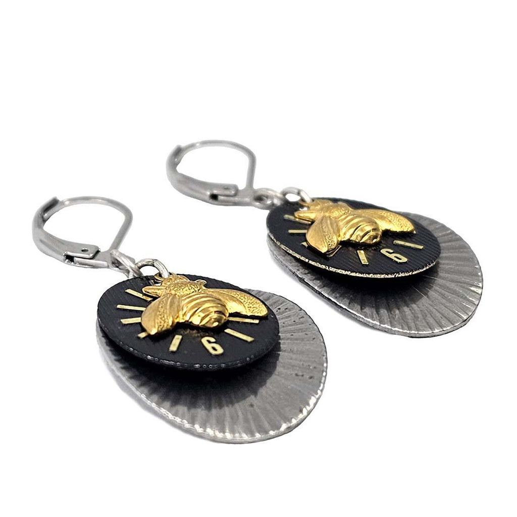 Earrings - Brass Bee Wavy Disk (Stainless Steel) by Christine Stoll | Altered Relics