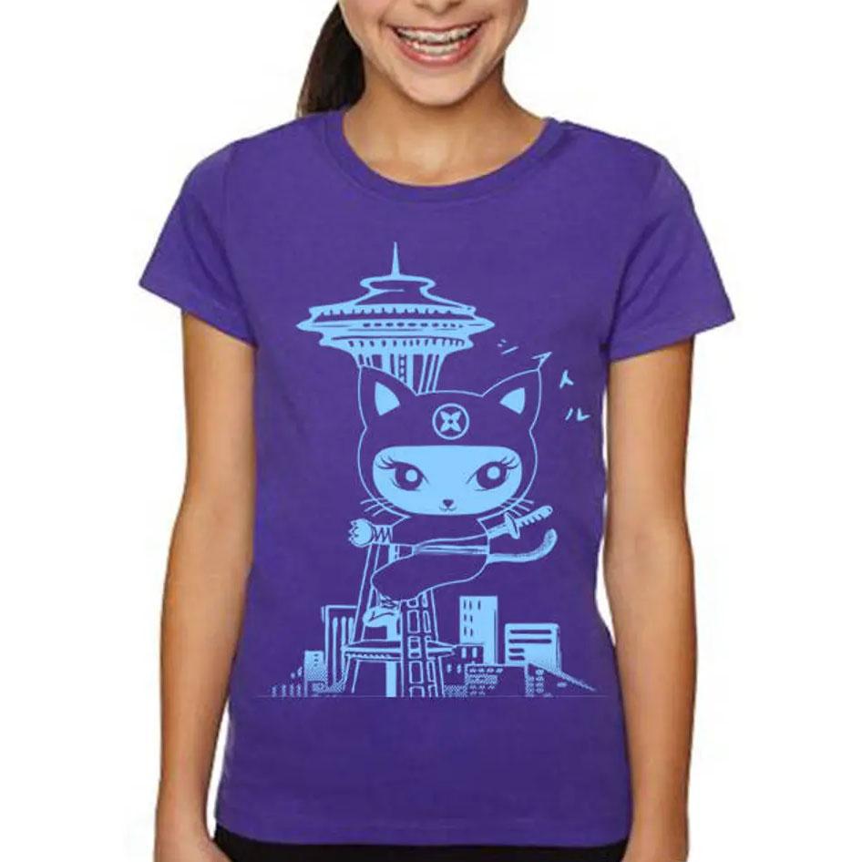 Kids Tee - Seattle Ninja Kitty Teal on Purple (Youth XS - XL) by Namu