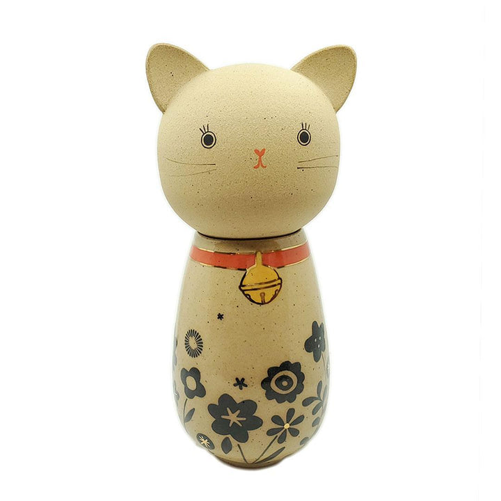 Kokeshi Jar - Medium - Bright Eyes Kitty Cat (Black Floral Red Collar with 22k Gold) by Jennifer Fujimoto