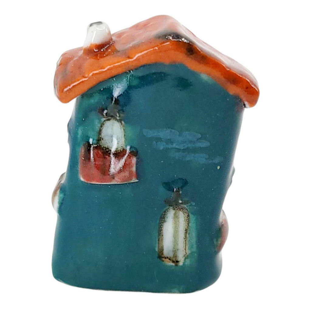 Tiny House - Teal House Red Door Rust Roof by Mist Ceramics