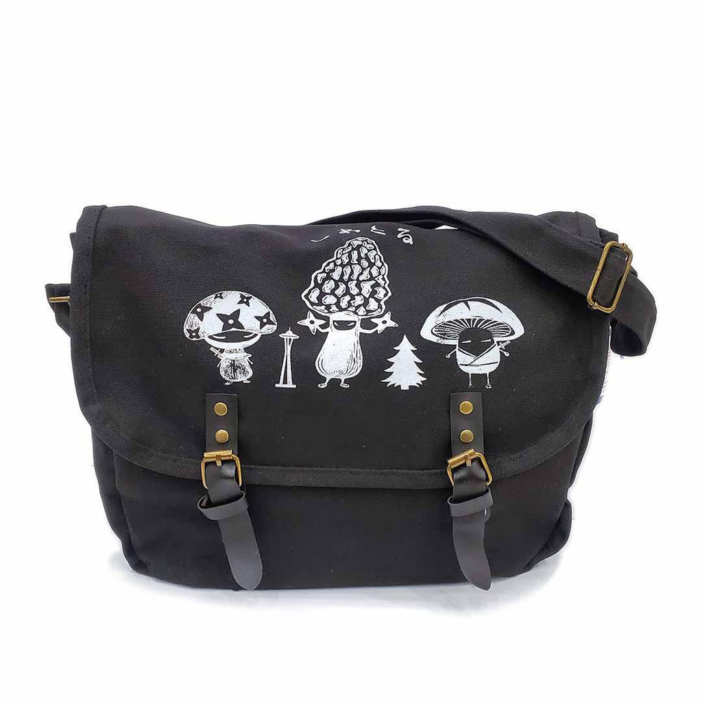 Messenger Bag - XL - White Mushroom Ninja Trio on Black Canvas Bag by Namu