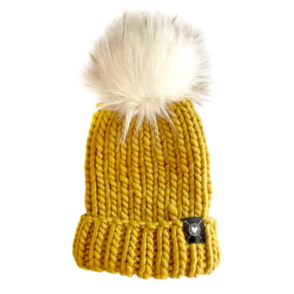 Beanie - Luxe Merino Folded Pom in Solid Gold with White Faux Fur by Nickichicki