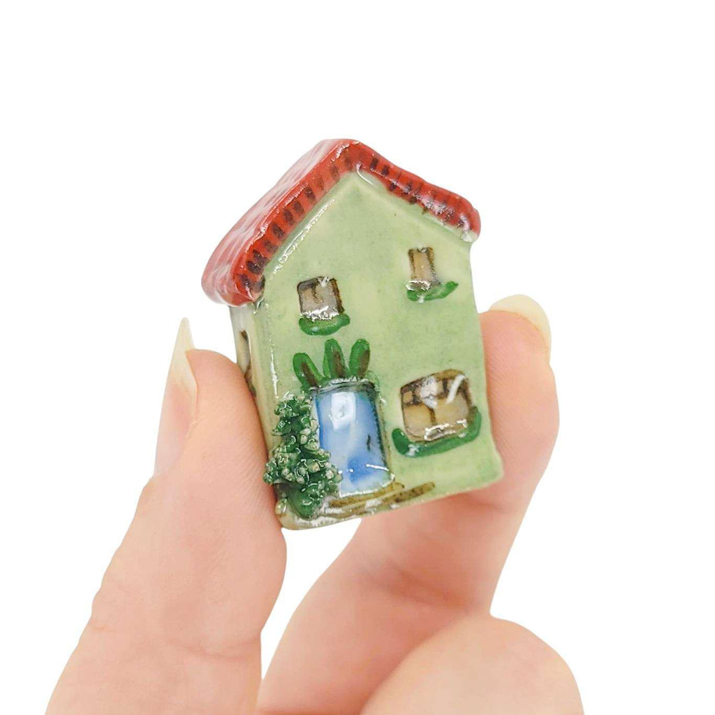 Collectible - Tiny House (Green Walls, Red Roof, Blue Door) by Mist Ceramics