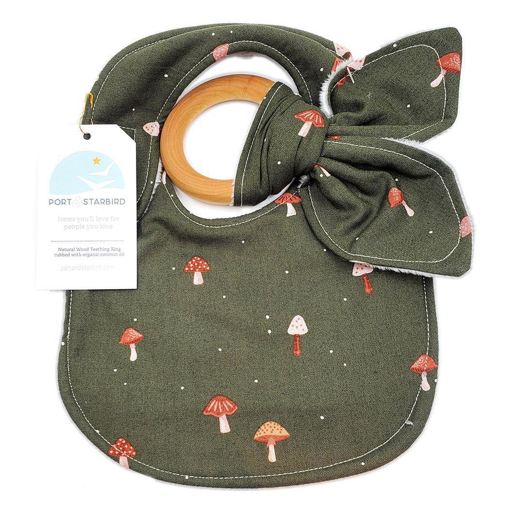 Gift Set - Mushrooms on Green Bib and Teething Ring by Port and Starbird