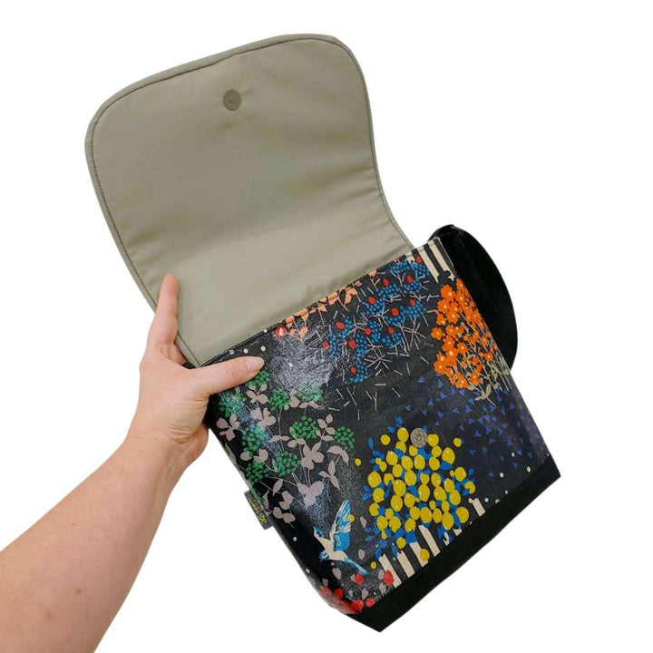 Messenger Bag - Reinforced Tall - Flowers & Blue Bird on Black by Laarni and Tita