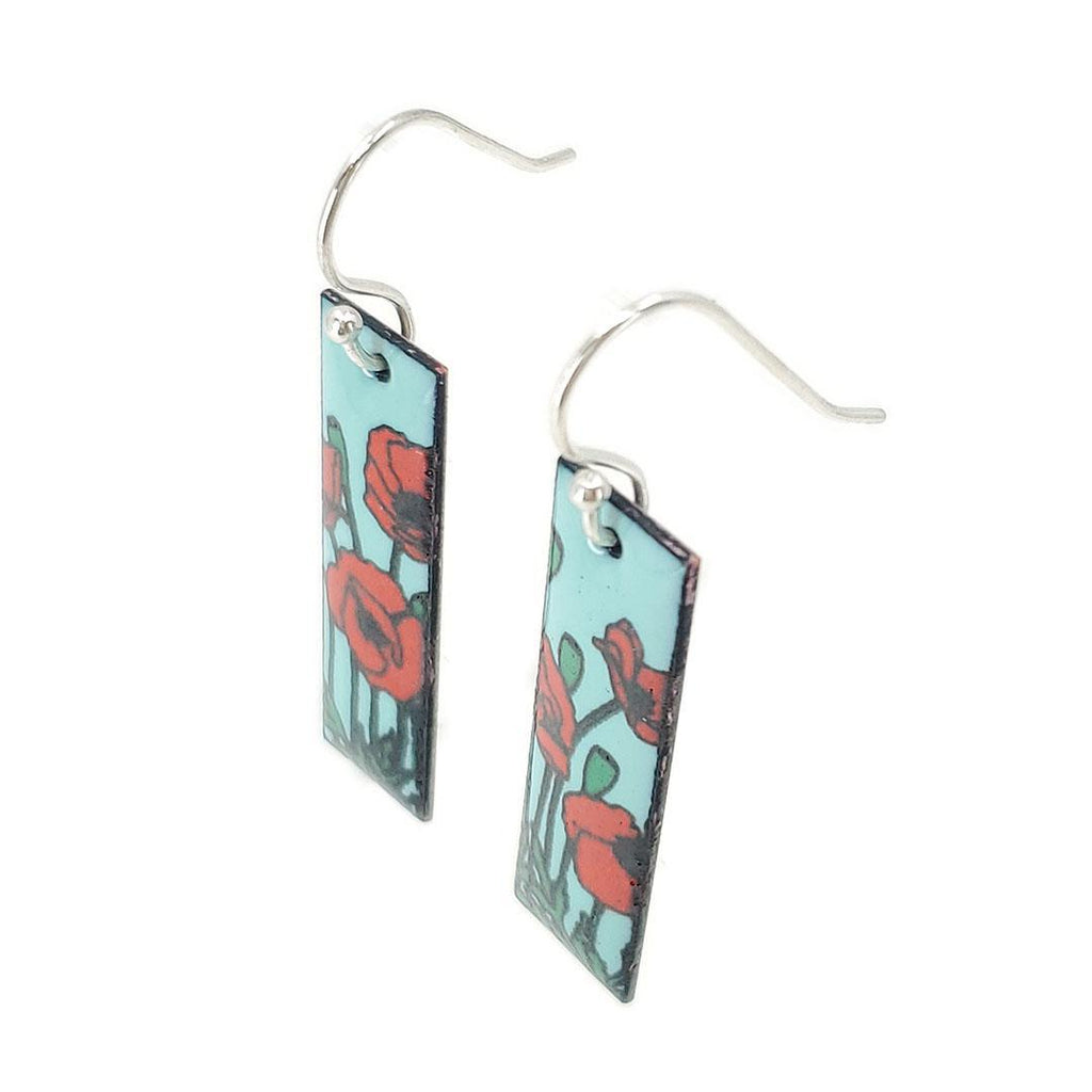 Earrings - Red Poppies Slim Rectangle (Turquoise) by Magpie Mouse