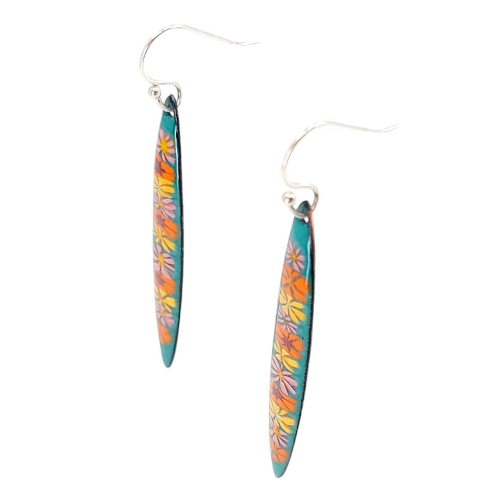 Earrings - Long Stiletto (Orange Floral on Teal) by Magpie Mouse Studios