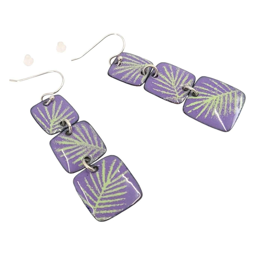 Earrings - Triple Square Drop (Green Palm Leaves on Soft Purple) by Magpie Mouse Studios