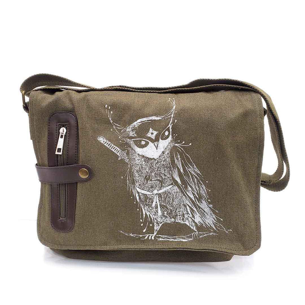 Laptop Bag - Samurai Owl White Ink on Olive Canvas Messenger Bag by Namu