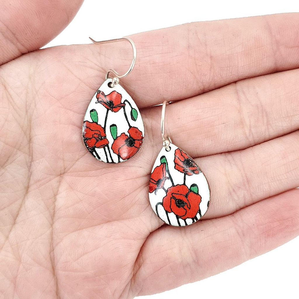 Earrings - Red Poppies Small Teardrop (White) by Magpie Mouse