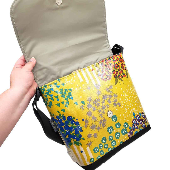 Messenger Bag - Reinforced Tall - Bird and Flowers on Yellow by Laarni and Tita