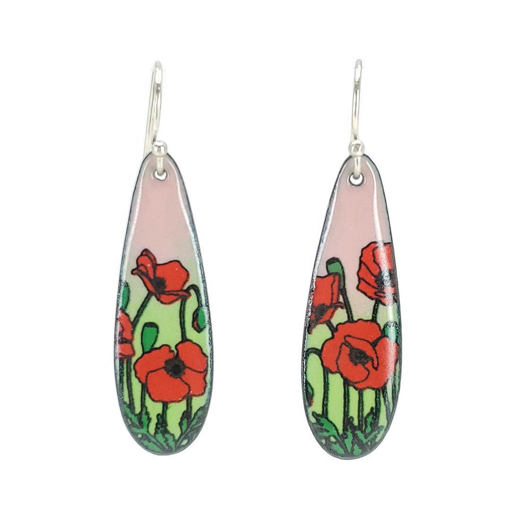 Earrings - Red Poppies Long Teardrop (Pink Green) by Magpie Mouse Studios