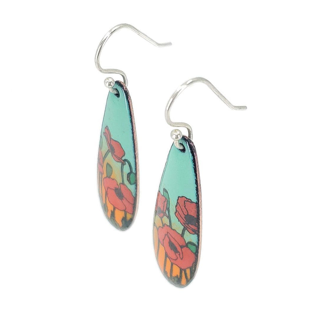 Earrings - Red Poppies Long Teardrop (Turquoise Orange) by Magpie Mouse Studios