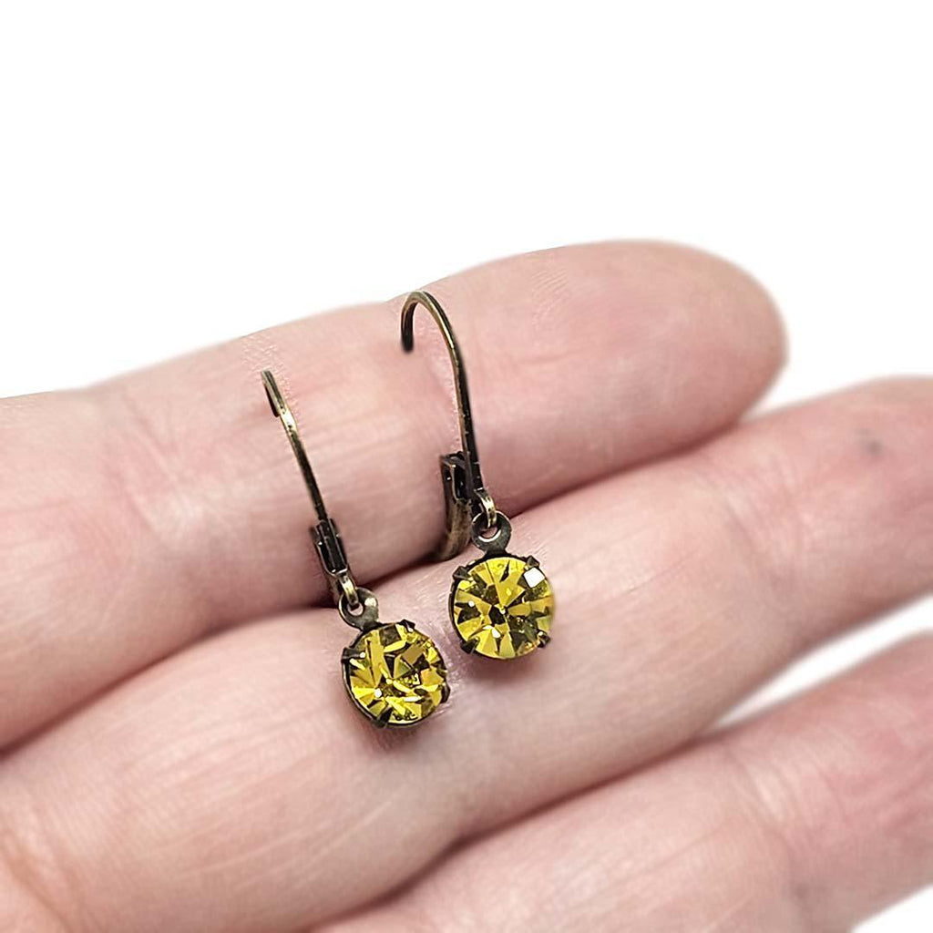 Earrings - Tiny Rhinestone Drops - Greens (Brass) by Christine Stoll | Altered Relics