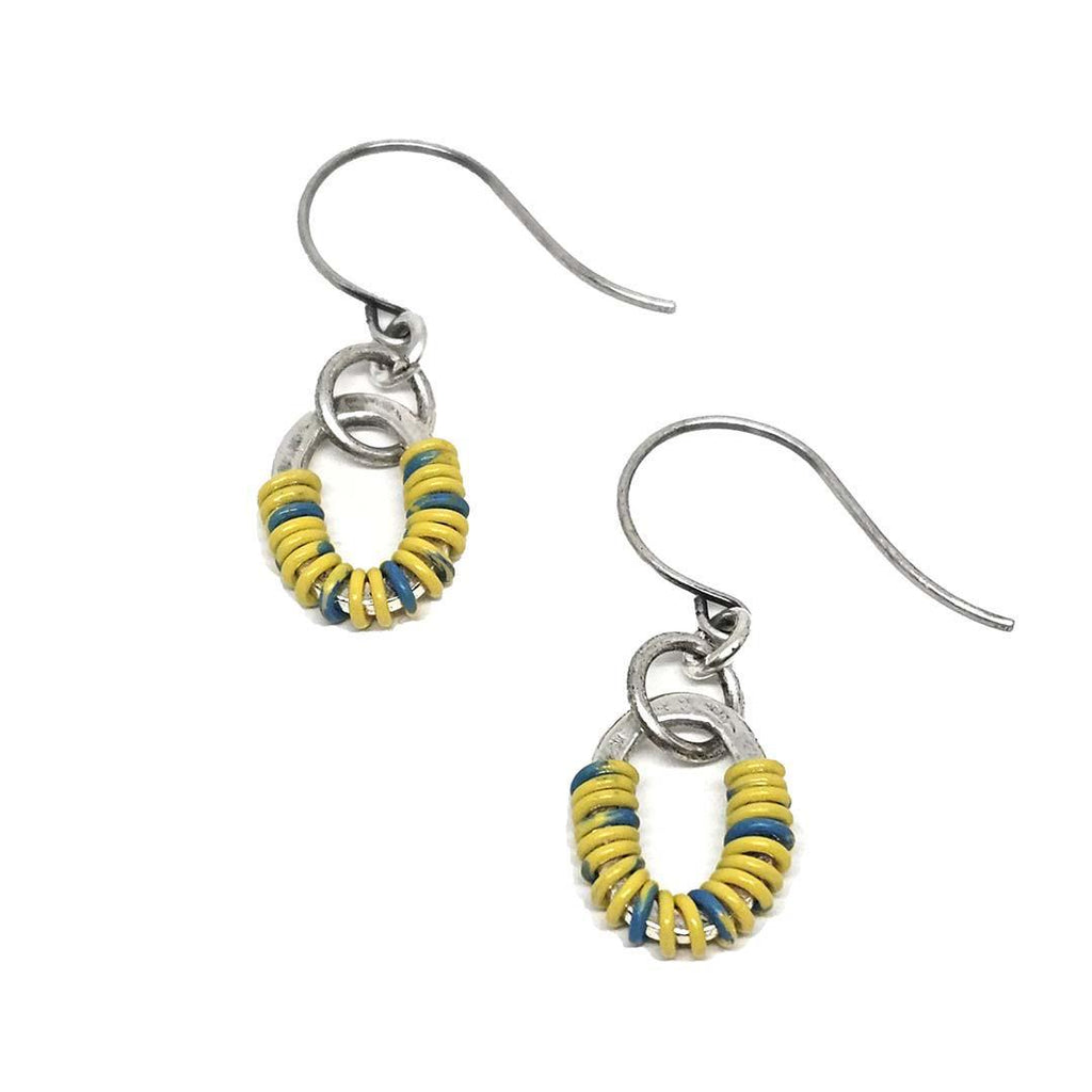 Earrings - Oval Dangles (Yellow Blue Telecom Wire) by XV Studios