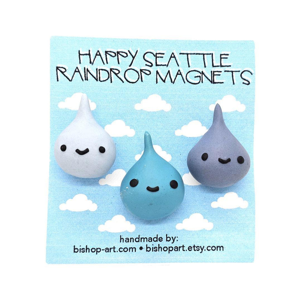 Magnet - Set of 3 - Happy Seattle Raindrops (Assorted Blues) by bishopart