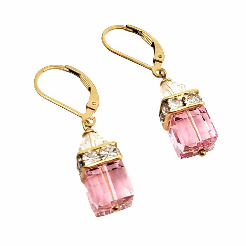 Earrings - Square Light Rose Crystal with 14k Gold Fill Leverback by Sugar Sidewalk