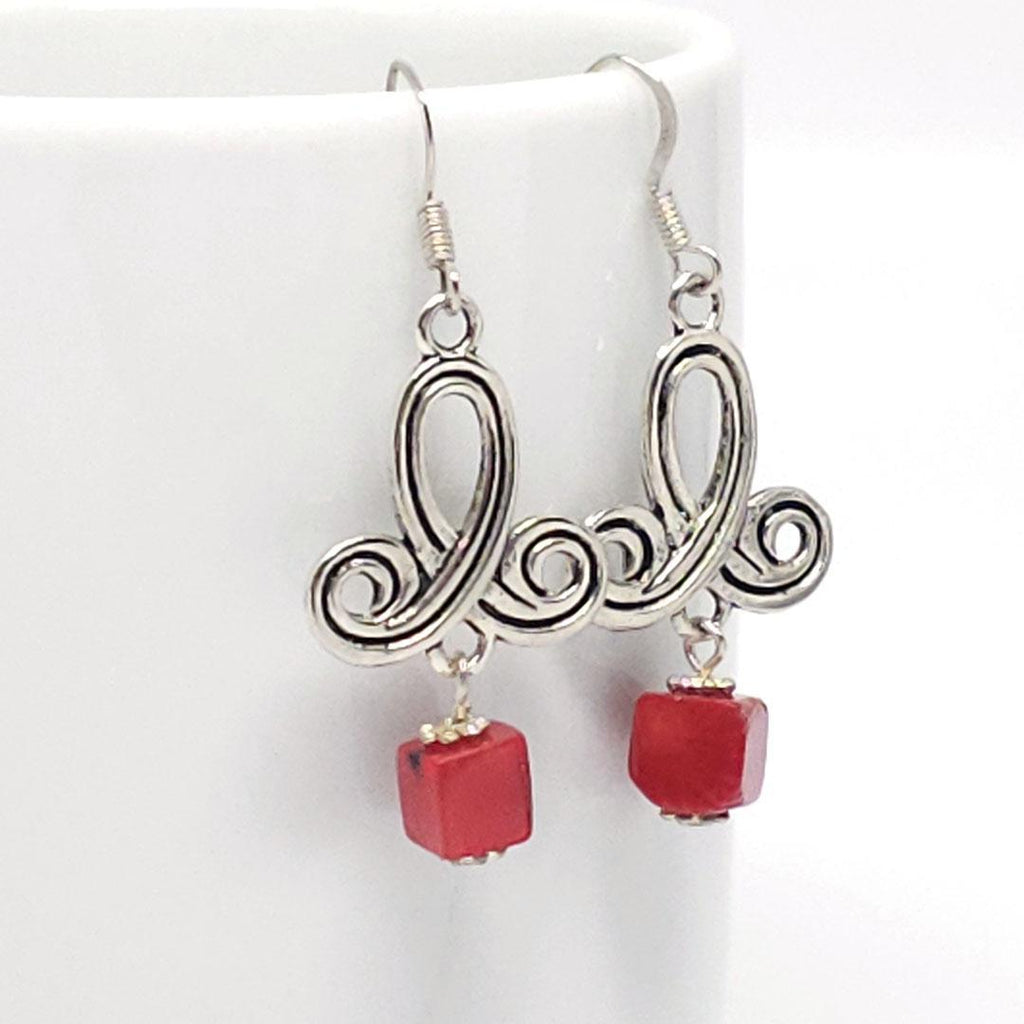 Earrings - Square Red Coral Fancy Drops by Tiny Aloha