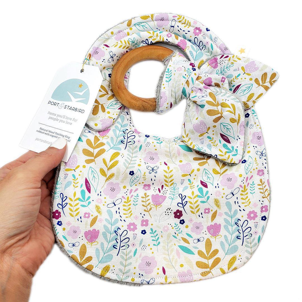 Gift Set - Wildflowers on White Bib and Teething Ring by Port and Starbird