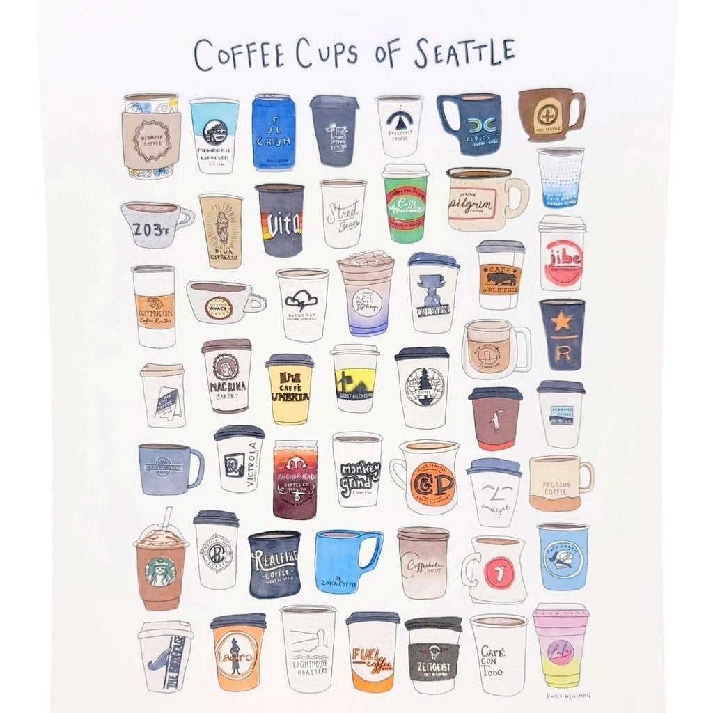 Art Print - 8.5x11in - Coffee Cups of Seattle by Urb.Em.Sketches