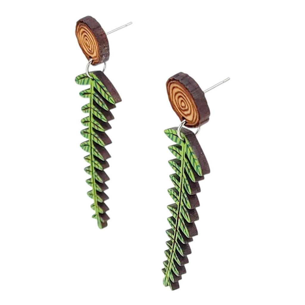 Earrings - Woodland Fern Wood Slice (Post Dangles) by Fresh Cuttery