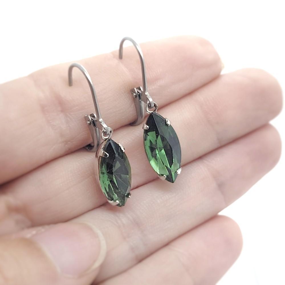 Drop Earrings - Greens - Stainless Steel Vintage Rhinestones (Assorted Shapes) by Christine Stoll | Altered Relics