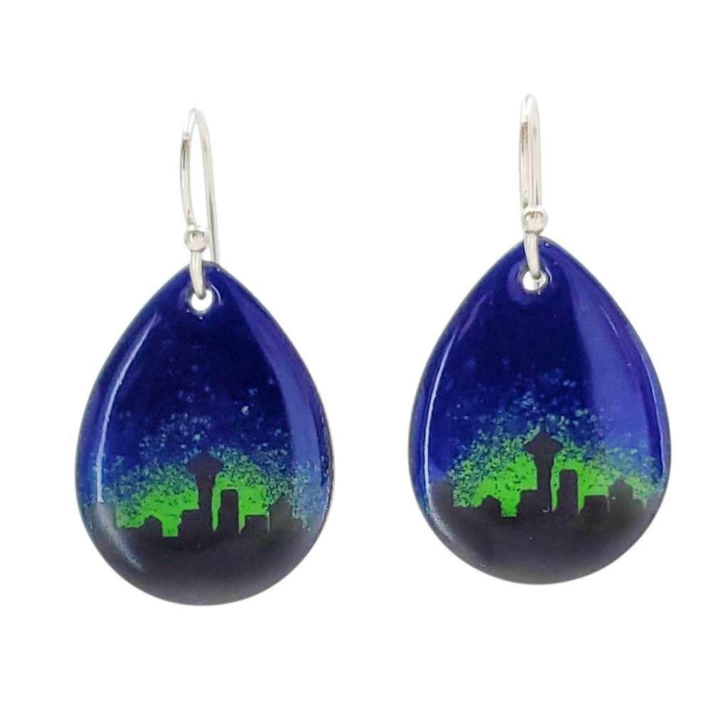 Earrings - Small Teardrop (Seattle Skyline on Dark Blue/ Hunter Green) by Magpie Mouse Studios