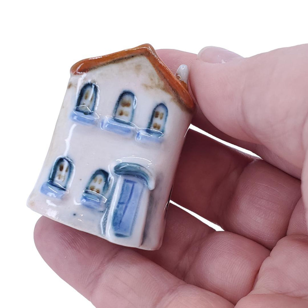 Tiny House - White House Light Blue Door Light Brown Roof by Mist Ceramics