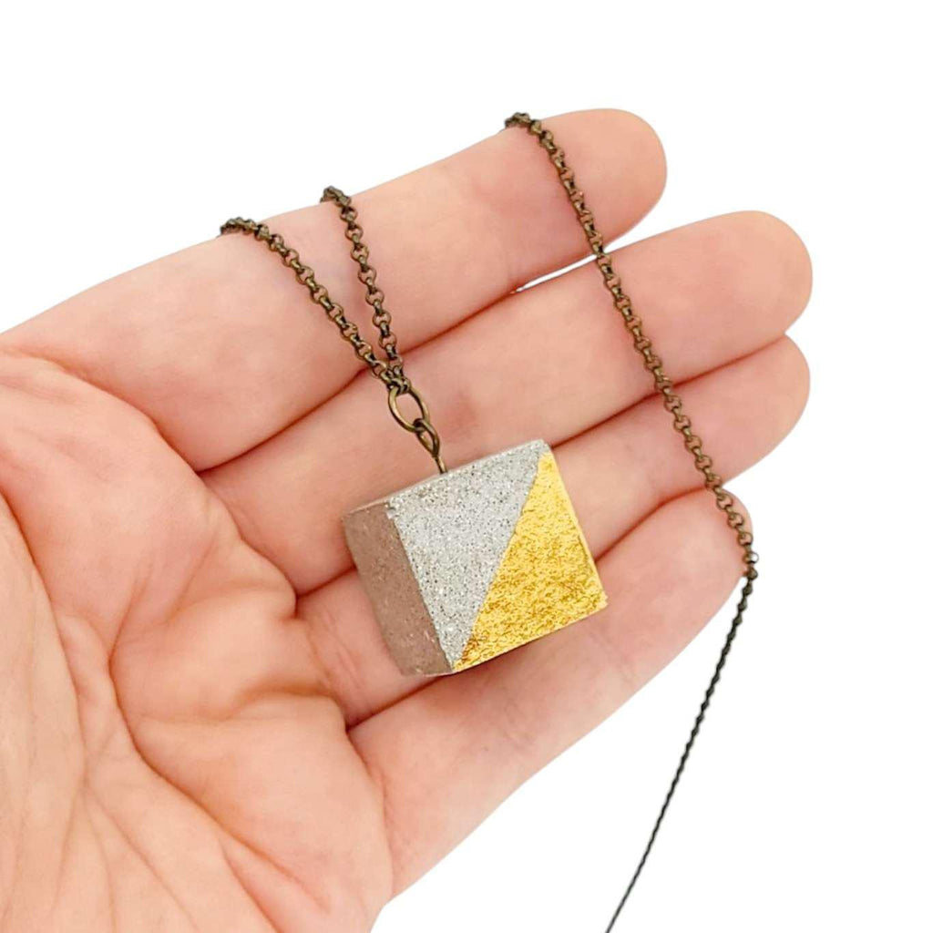 Necklace - Gilded Concrete Cube Pendant (Gold) by Studio Corbelle