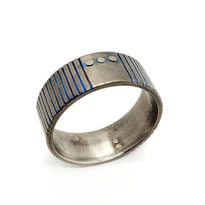 Ring - Size 12 - Titanium Blue Patina Grooves with 14KPW Rivets by Taviametal