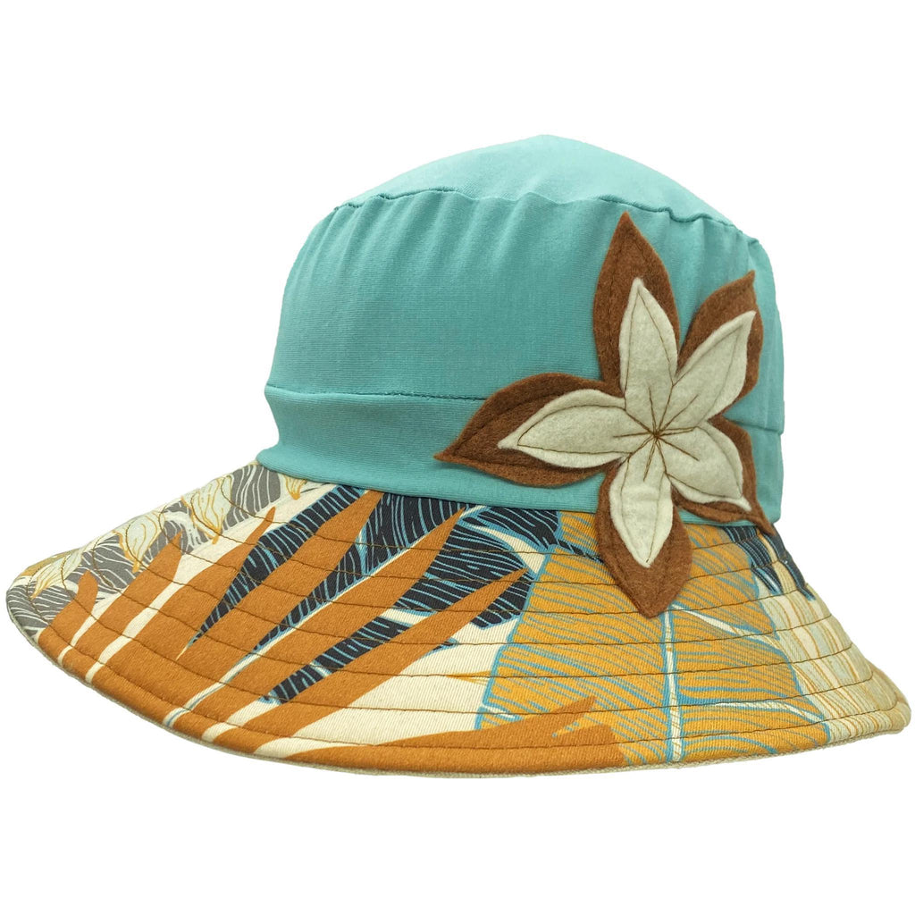Adult Hat - Stretch Sun Hat in Caribbean Blue with Cream Flower and Brown Tropical Brim by Hats for Healing