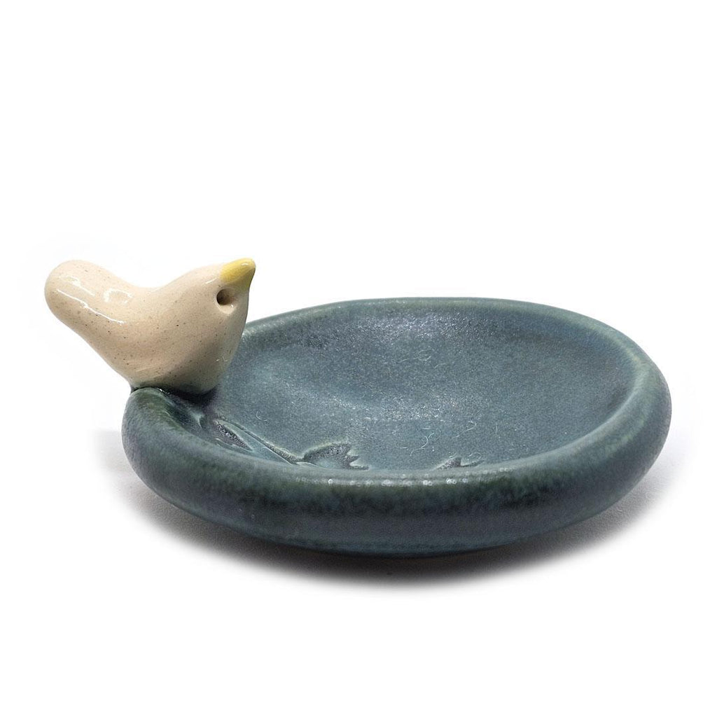 Round Ring Dish - White Bird with Flowers (Small Dark Teal) by Tasha McKelvey