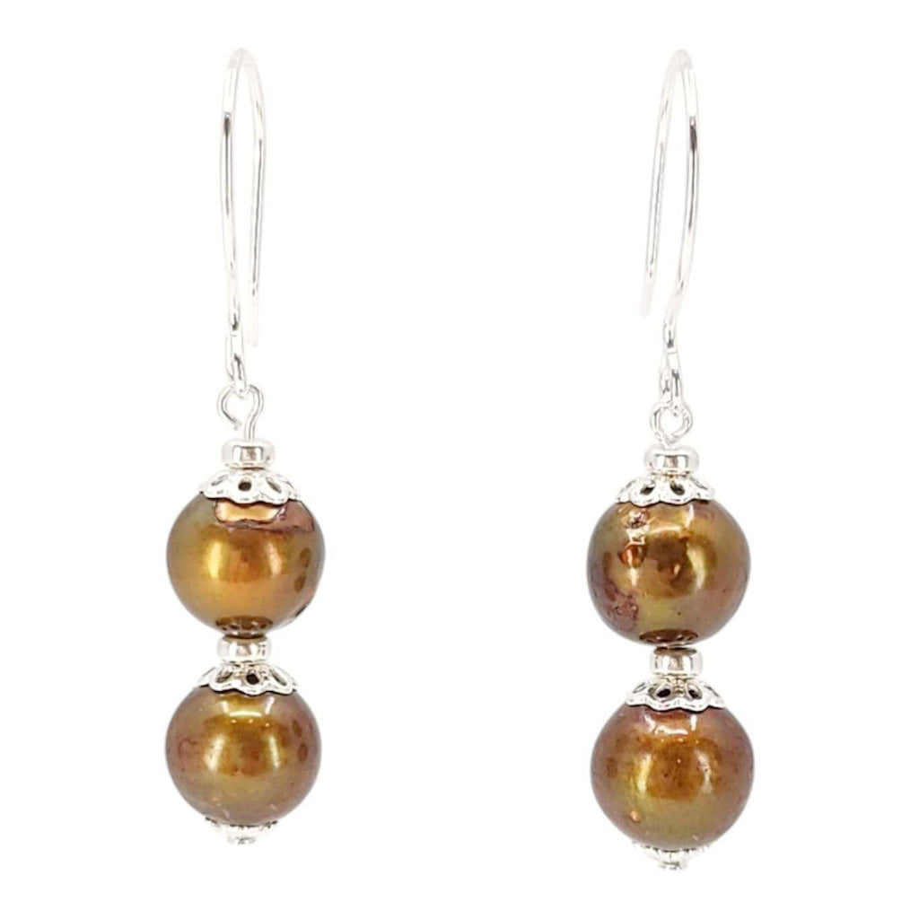 Earrings - Double Stacked Pearl Drops (Bronze Pearl, Silver Fill) by Tiny Aloha