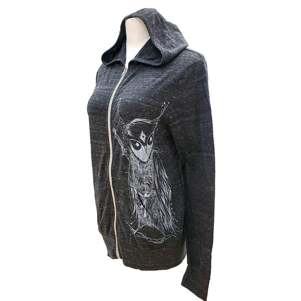 Adult Zip Hoodie - Samurai Line Art Owl on Heather Black (S - 2X) by Namu