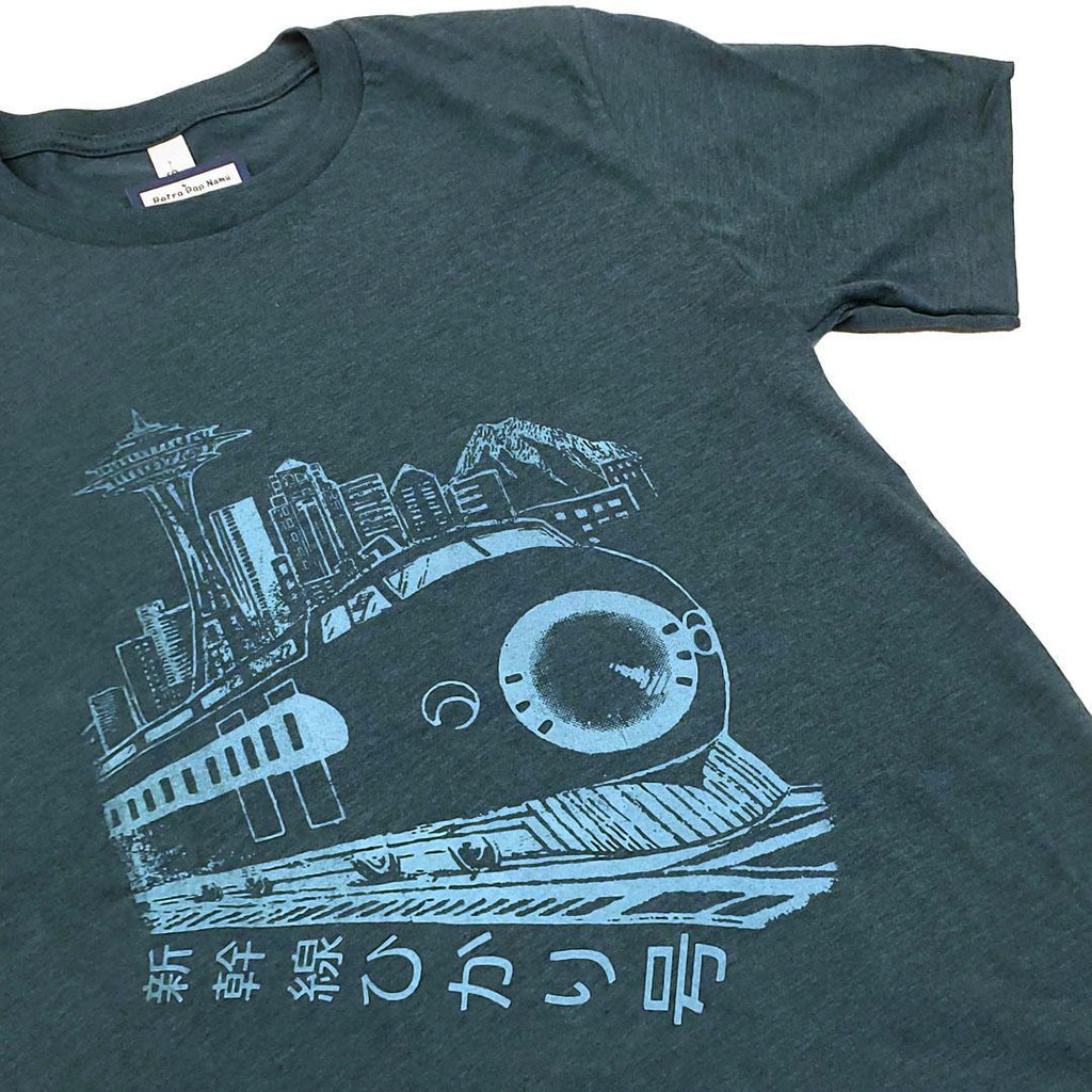 Adult Tee - Seattle Skyline Hikari Shinkansen on Dark Teal Crewneck Tee by Namu