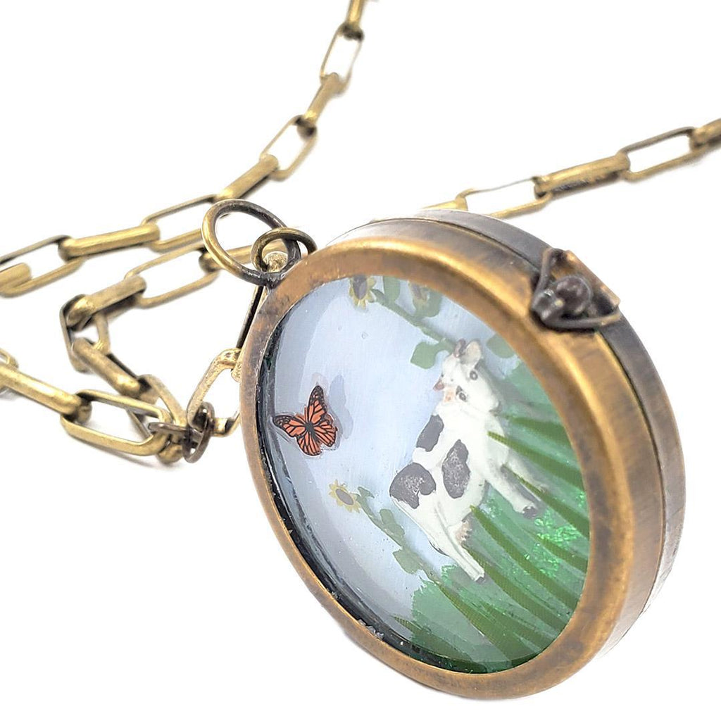 Necklace - Cow with Sunflowers Locket (OOAK) by XV Studios
