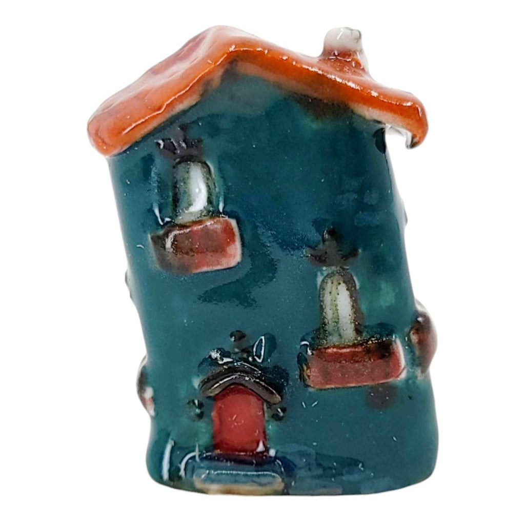 Tiny House - Teal House Red Door Rust Roof by Mist Ceramics