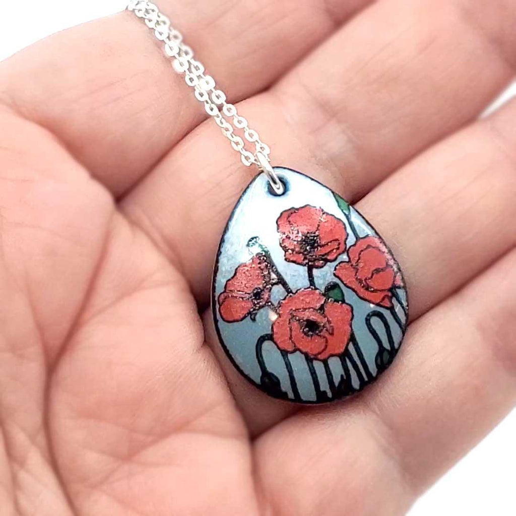Necklace - Teardrop Poppies (White Gray) by Magpie Mouse Studios