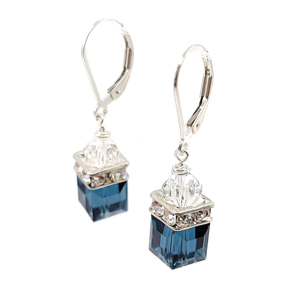 Earrings - Square Montana Blue Crystal with Sterling Silver Leverback by Sugar Sidewalk