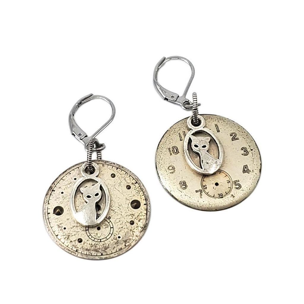 Earrings - Silver Cat Watch Dials by Christine Stoll Studio