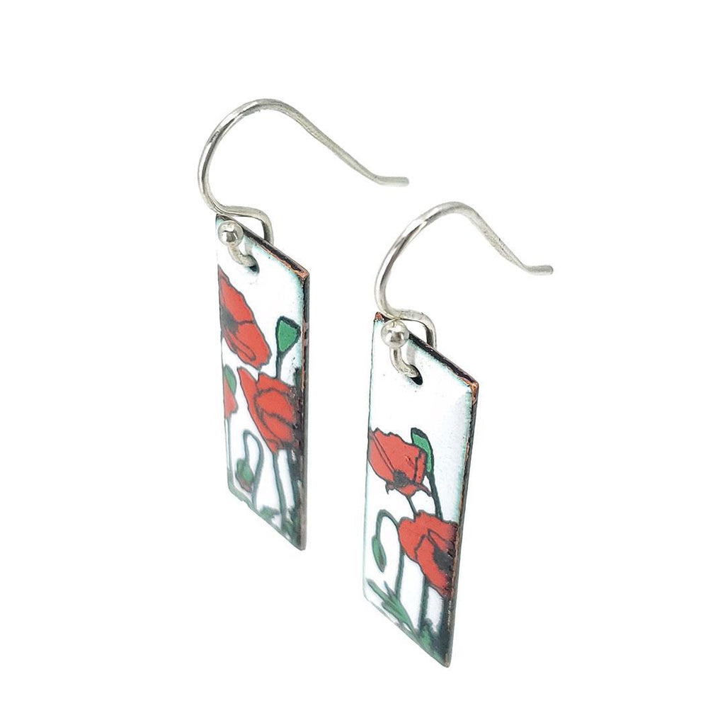 Earrings - Red Poppies Slim Rectangle (White) by Magpie Mouse