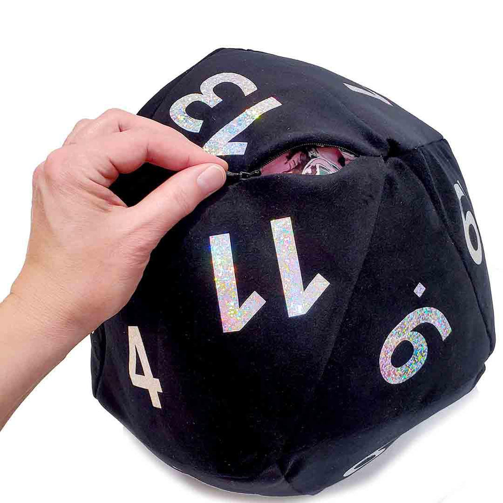 Pillow - Large D20 Plush in Black Velvet with Holographic Numbers by Saving Throw Pillows