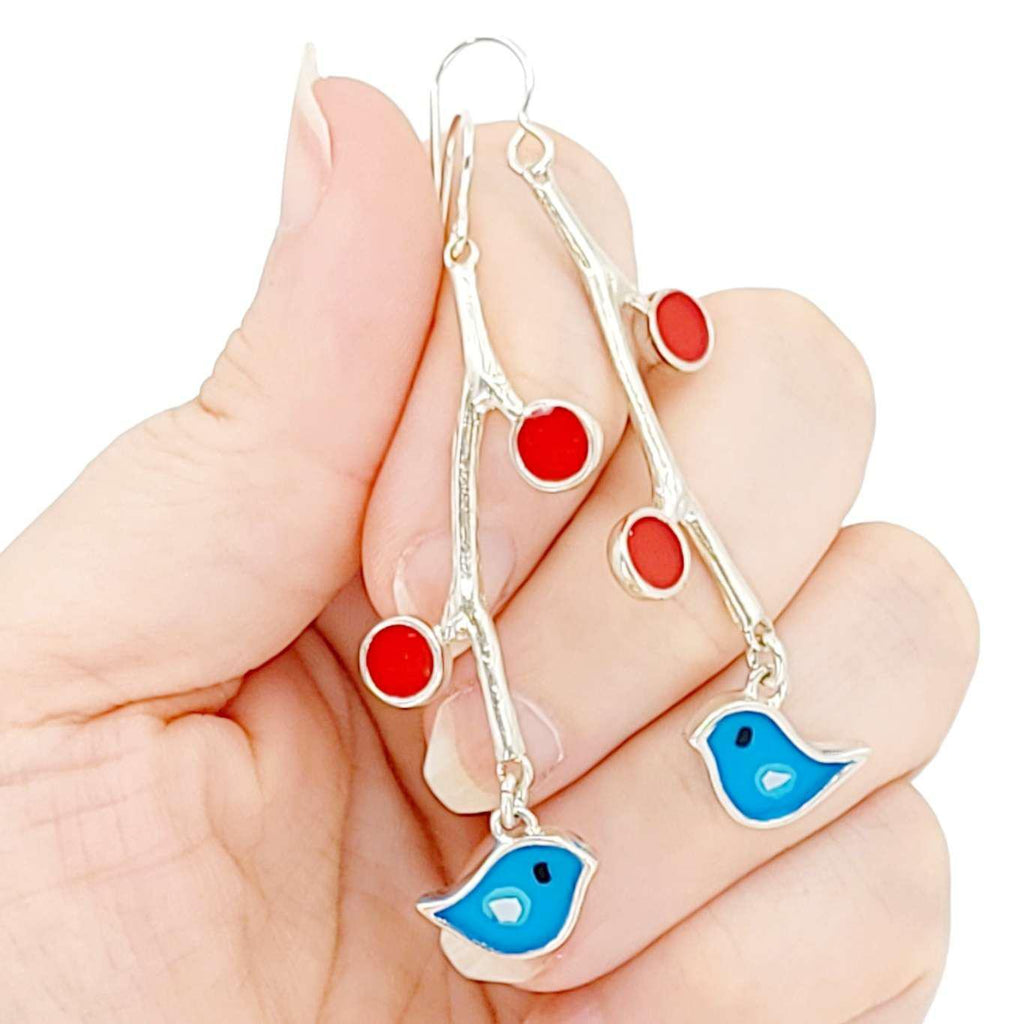 Earrings - Birds and Berries (Turquoise) by Happy Art Studio