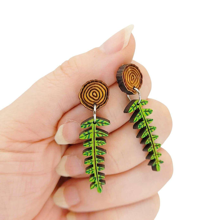 Earrings - Mini Woodland Fern Wood Slice (Post Dangles) by Fresh Cuttery