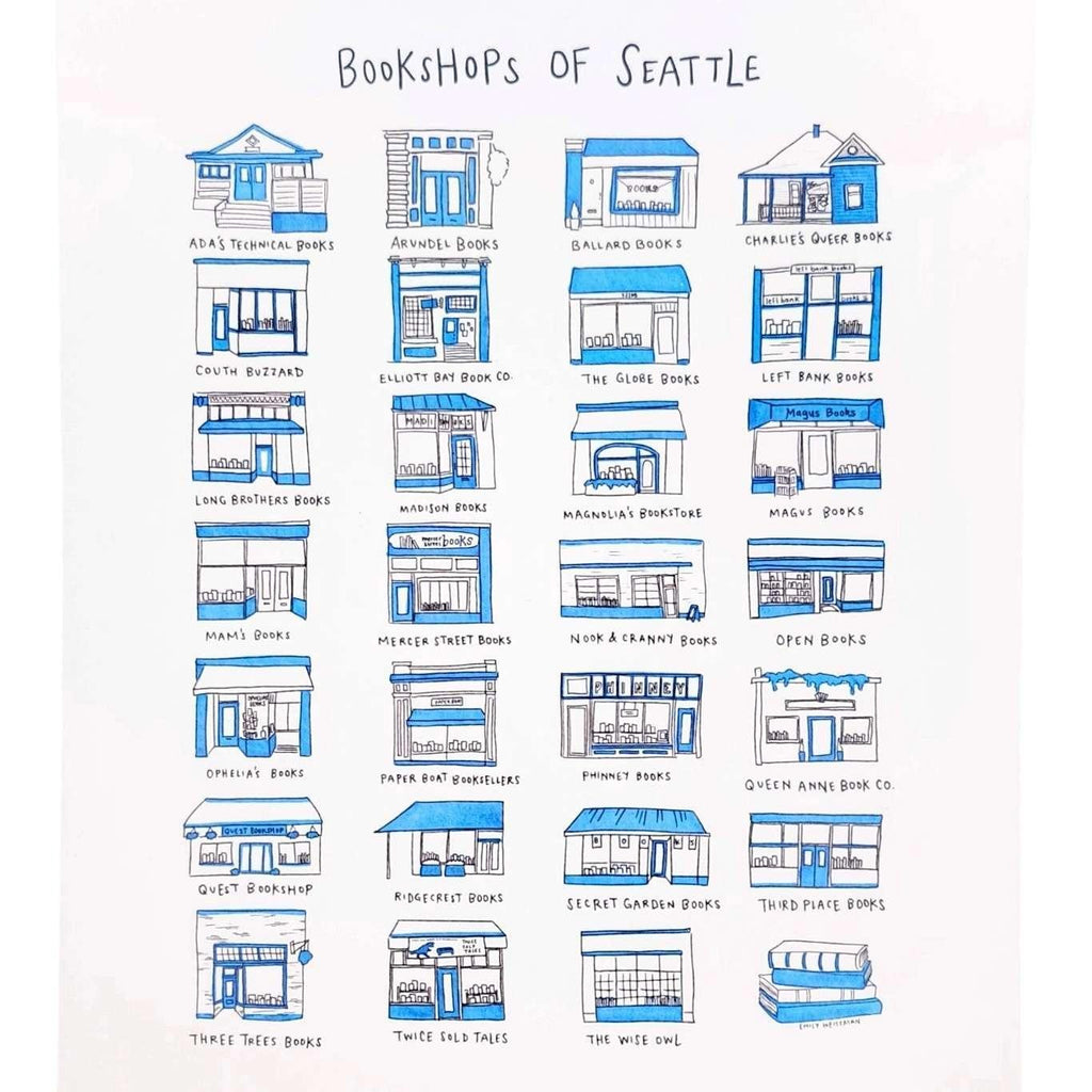 Art Print - 8.5x11in - Bookshops of Seattle by Urb.Em.Sketches