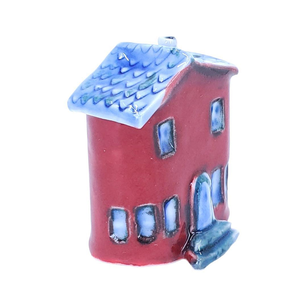 Tiny House - Red House Blue Door Blue Roof by Mist Ceramics