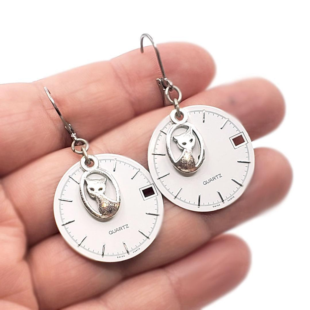 Earrings - Silver Cat Watch Dials by Christine Stoll Studio