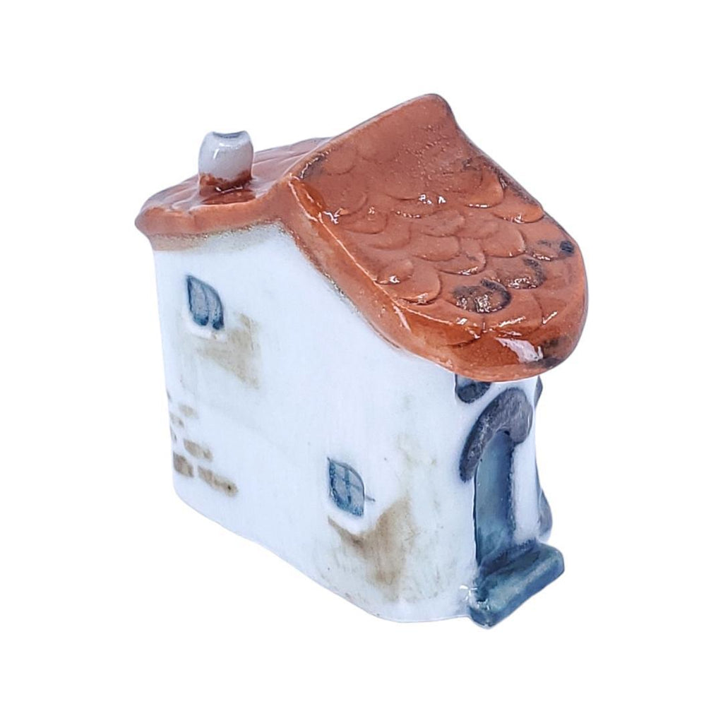 Tiny House - White House Blue Side Door Rust Roof by Mist Ceramics