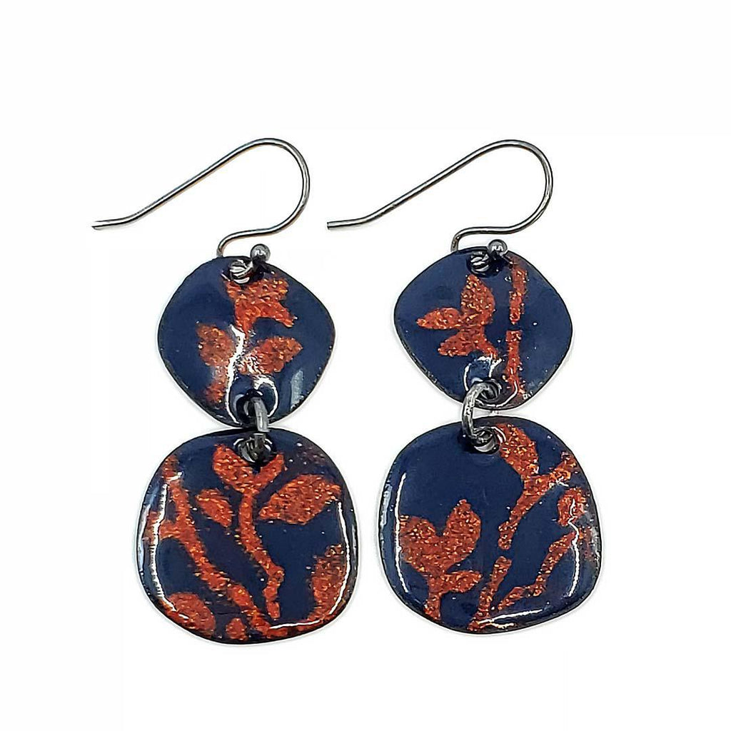 Earrings - Double Dangle (Red-Orange Botanical on Navy) by Magpie Mouse Studios